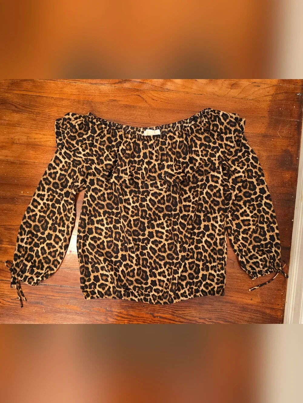 Michael Kors Leopard Print Off-Shoulder Women's Peasant Top - Brown